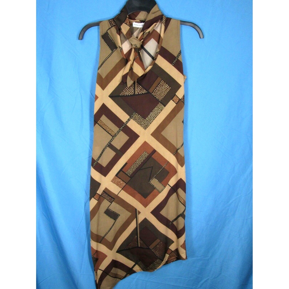 VTG GRAINE DE PARIS FRINGUES Brown Colorblock Shift Dress SLINKY KNIT Tie Neck S